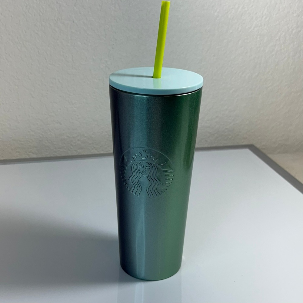 Starbucks Tumbler 24 oz Green Purple Iridescent Cold Cup‎ with Lid and Straw